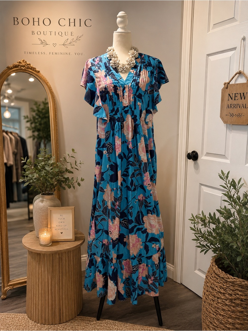 Anthropologie Maeve Cassandra Blue Floral Flutter-Sleeve Maxi Dress
